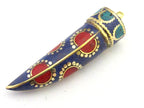 1 Pendant - Long lapis coral turquoise inlaid Tibetan horn tusk shape Brass pendant with dotted sun design from Nepal - PM290A