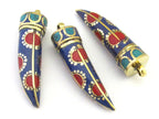 1 Pendant - Long lapis coral turquoise inlaid Tibetan horn tusk shape Brass pendant with dotted sun design from Nepal - PM290A