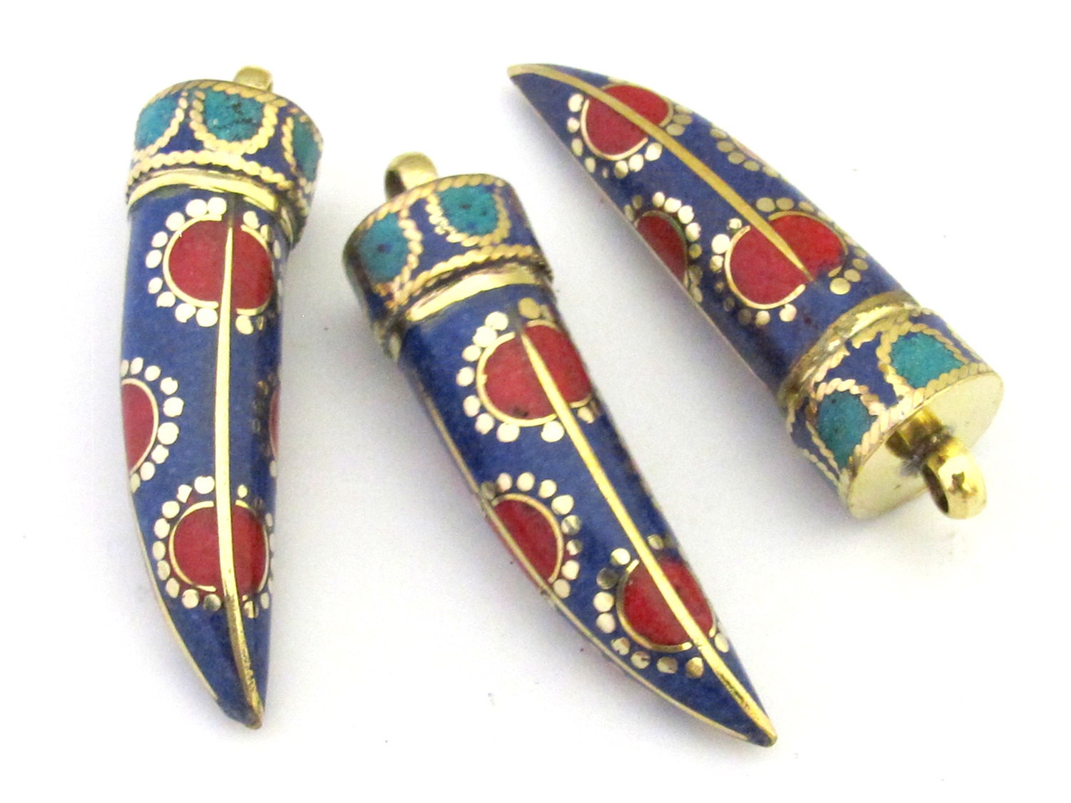 1 Pendant - Long lapis coral turquoise inlaid Tibetan horn tusk shape Brass pendant with dotted sun design from Nepal - PM290A