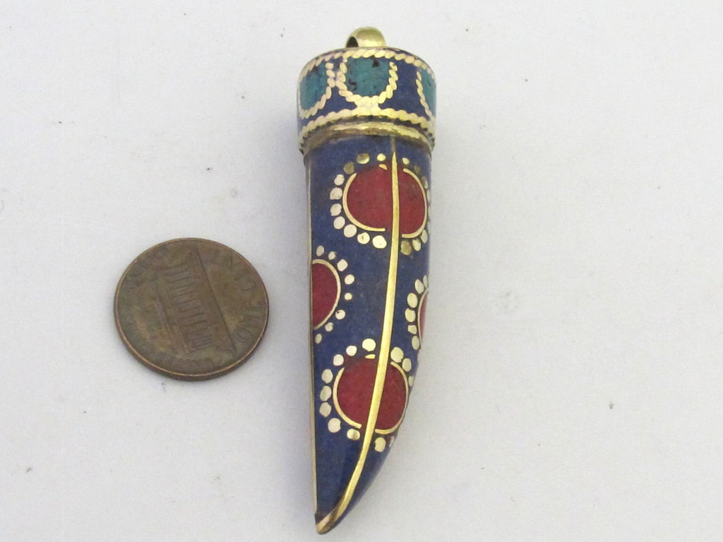 1 Pendant - Long lapis coral turquoise inlaid Tibetan horn tusk shape Brass pendant with dotted sun design from Nepal - PM290A