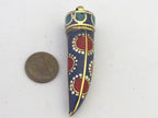 1 Pendant - Long lapis coral turquoise inlaid Tibetan horn tusk shape Brass pendant with dotted sun design from Nepal - PM290A