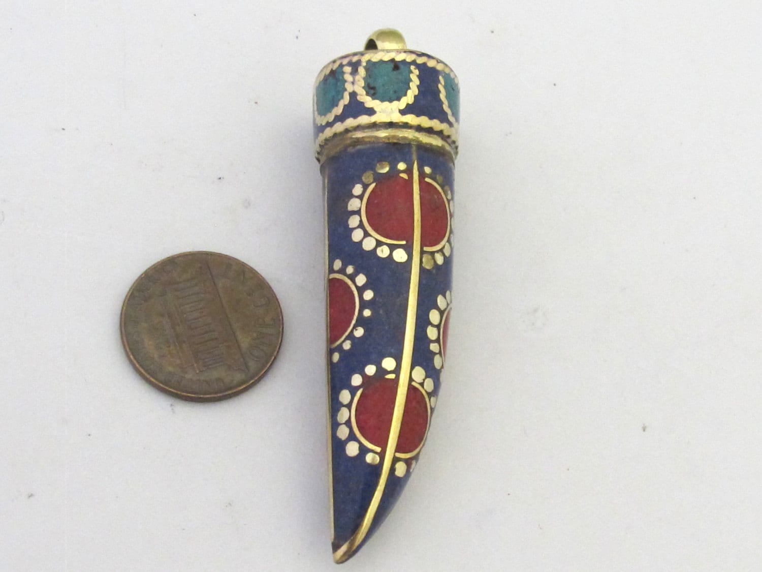 1 Pendant - Long lapis coral turquoise inlaid Tibetan horn tusk shape Brass pendant with dotted sun design from Nepal - PM290A