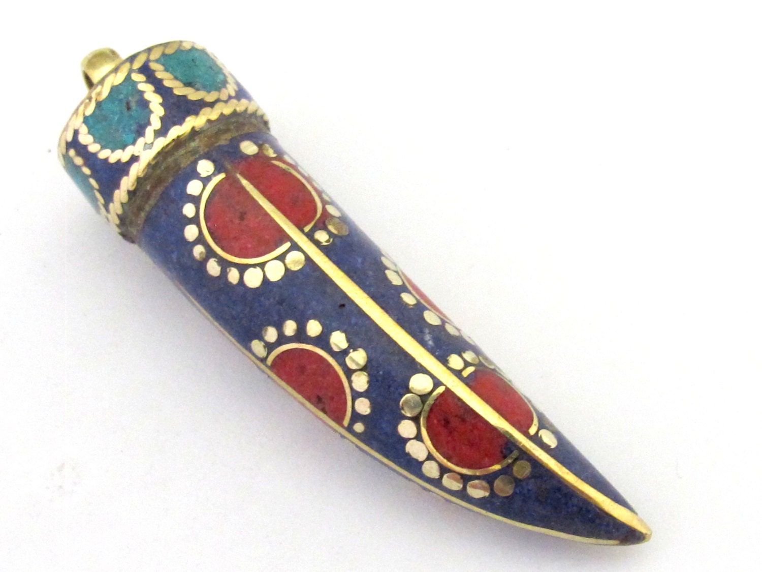 1 Pendant - Long lapis coral turquoise inlaid Tibetan horn tusk shape Brass pendant with dotted sun design from Nepal - PM290A