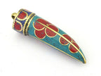 1 Pendant - Long turquoise lapis inlaid Tibetan sword shape Brass pendant with floral design from Nepal - PM290B