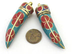 1 Pendant - Long turquoise lapis inlaid Tibetan sword shape Brass pendant with floral design from Nepal - PM290B