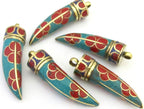 1 Pendant - Long turquoise lapis inlaid Tibetan sword shape Brass pendant with floral design from Nepal - PM290B