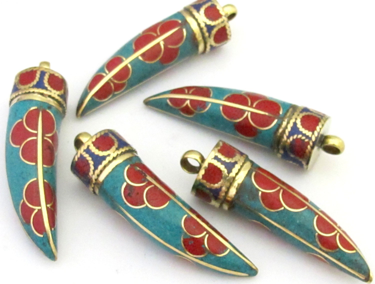 1 Pendant - Long turquoise lapis inlaid Tibetan sword shape Brass pendant with floral design from Nepal - PM290B