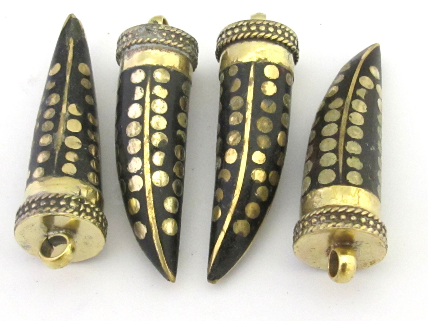1 Pendant - Long Tibetan black color tusk shape Brass pendant with dotted brass inlays - PM291B
