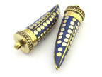 1 Pendant - Long lapis inlaid Tibetan horn shape Brass pendant with dotted brass inlays from Nepal - PM291A