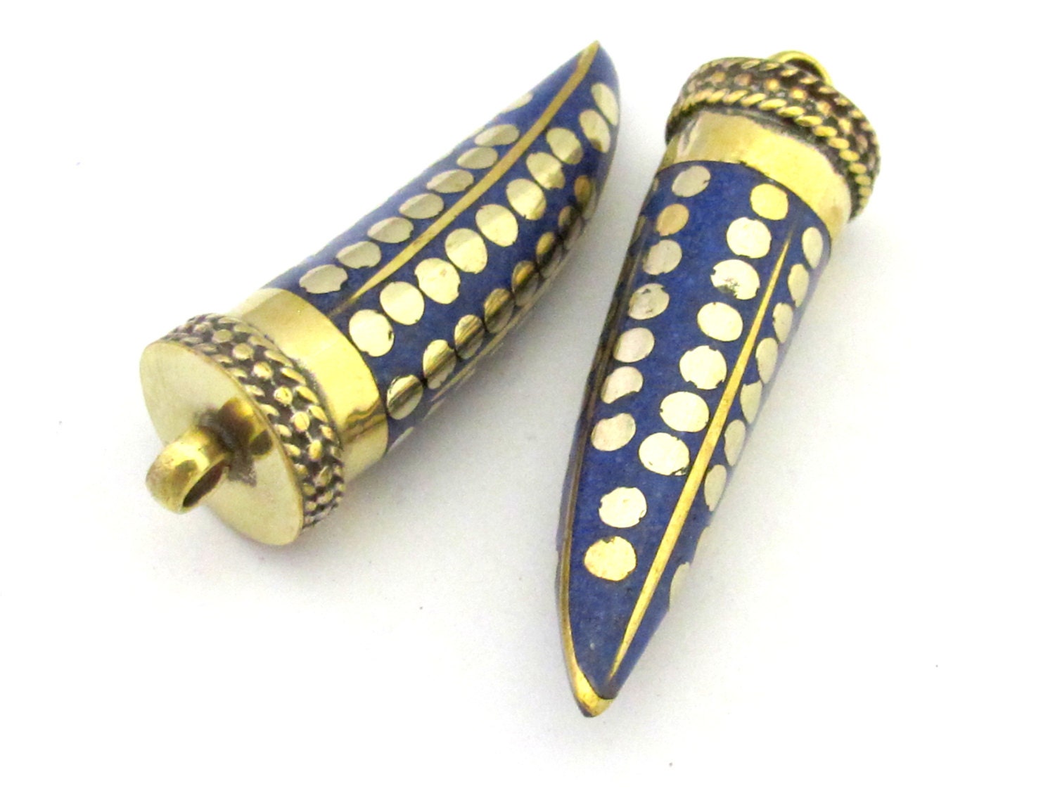 1 Pendant - Long lapis inlaid Tibetan horn shape Brass pendant with dotted brass inlays from Nepal - PM291A