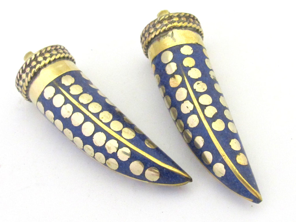 1 Pendant - Long lapis inlaid Tibetan horn shape Brass pendant with dotted brass inlays from Nepal - PM291A