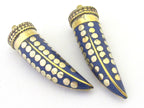 1 Pendant - Long lapis inlaid Tibetan horn shape Brass pendant with dotted brass inlays from Nepal - PM291A