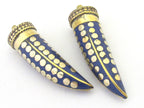 1 Pendant - Long lapis inlaid Tibetan horn shape Brass pendant with dotted brass inlays from Nepal - PM291A