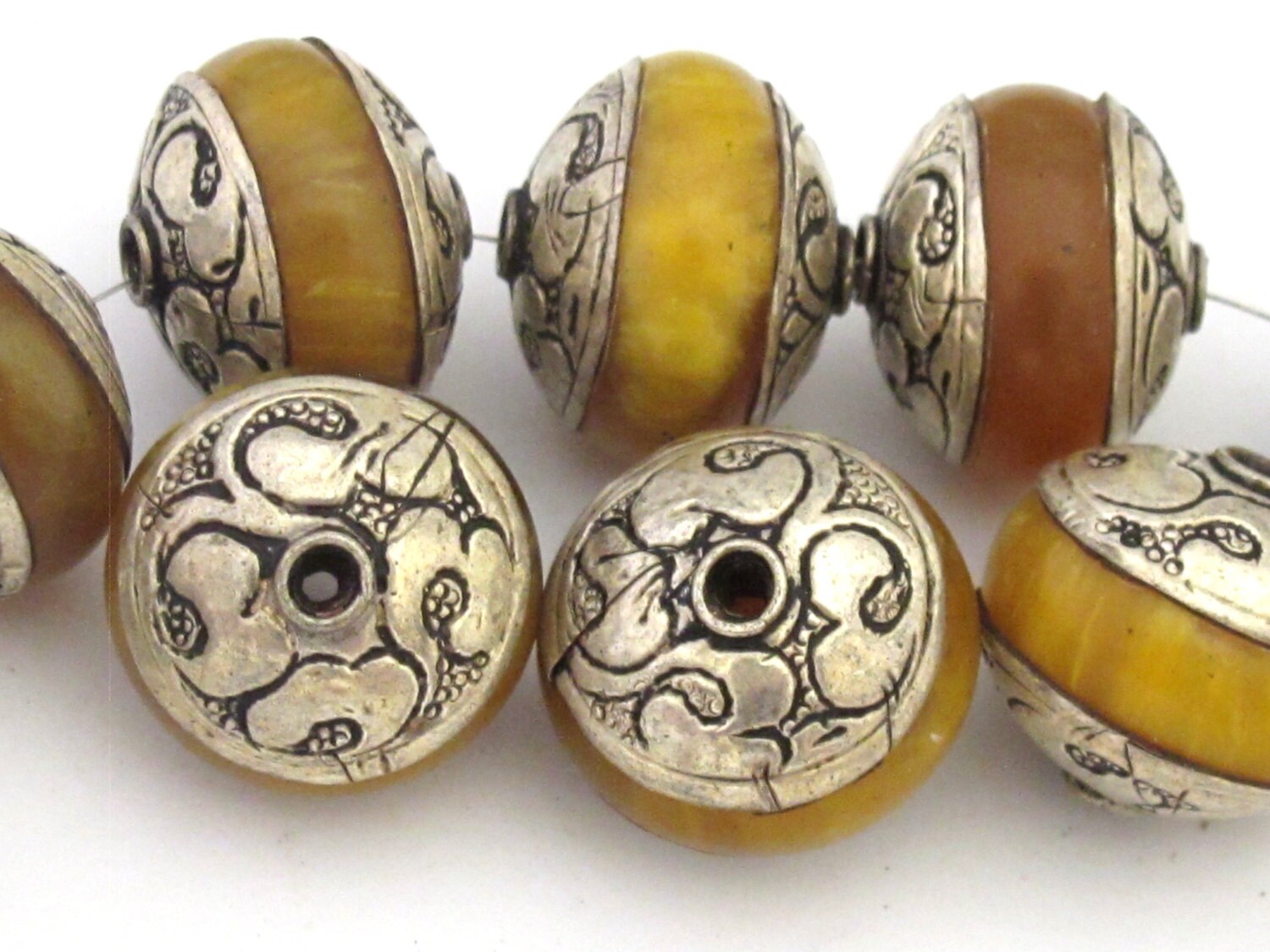 2 Beads - Beautiful yellow copal resin Tibetan silver floral design capped beads - BD671