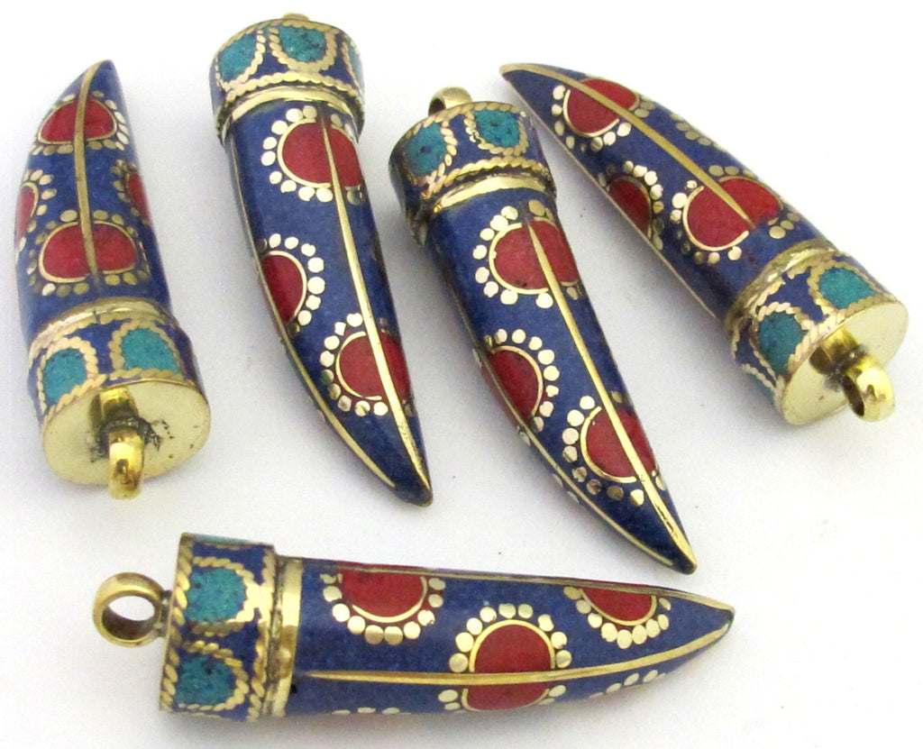 1 Pendant - Long lapis coral turquoise inlaid Tibetan horn tusk shape Brass pendant with dotted sun design from Nepal - PM290A