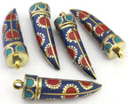 1 Pendant - Long lapis coral turquoise inlaid Tibetan horn tusk shape Brass pendant with dotted sun design from Nepal - PM290A