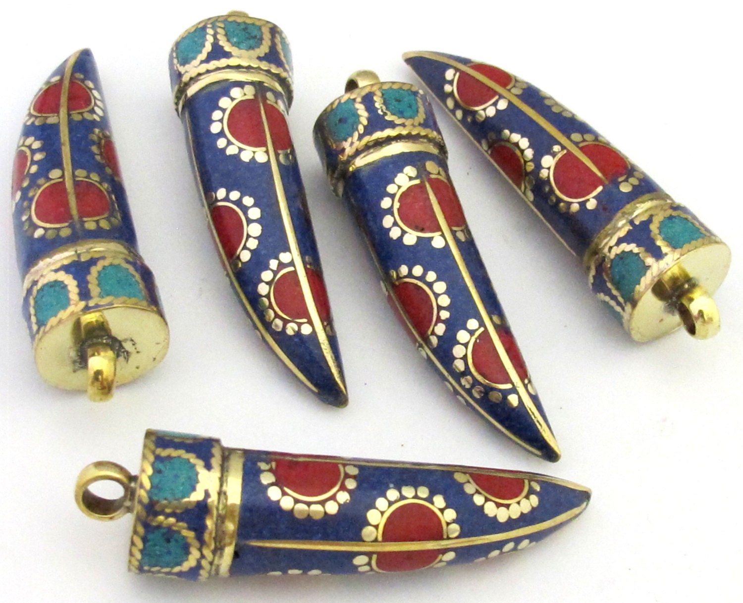 1 Pendant - Long lapis coral turquoise inlaid Tibetan horn tusk shape Brass pendant with dotted sun design from Nepal - PM290A