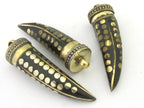 1 Pendant - Long Tibetan black color tusk shape Brass pendant with dotted brass inlays - PM291B