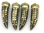1 Pendant - Long Tibetan black color tusk shape Brass pendant with dotted brass inlays - PM291B