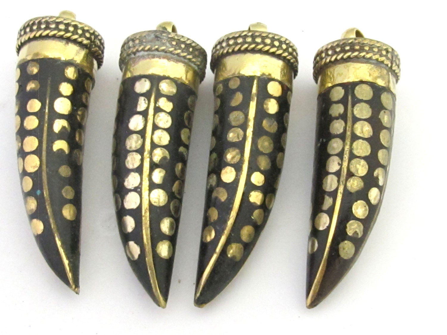 1 Pendant - Long Tibetan black color tusk shape Brass pendant with dotted brass inlays - PM291B