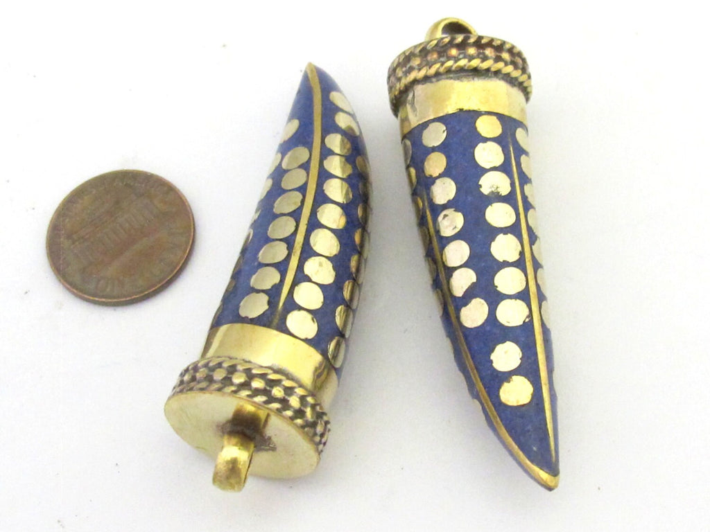 1 Pendant - Long lapis inlaid Tibetan horn shape Brass pendant with dotted brass inlays from Nepal - PM291A