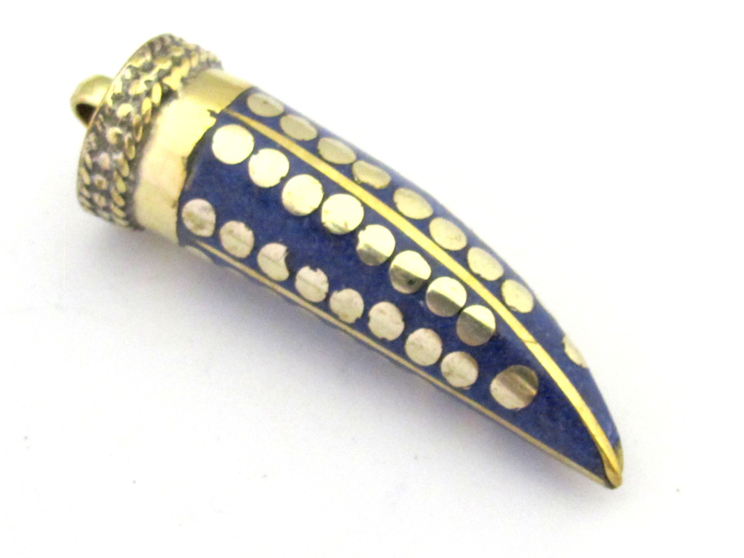 1 Pendant - Long lapis inlaid Tibetan horn shape Brass pendant with dotted brass inlays from Nepal - PM291A