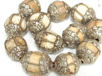 2 Beads - Tibetan floral capped grooved wire inlaid Tribal naga conch shell bead antiqued rustic finish - CH073
