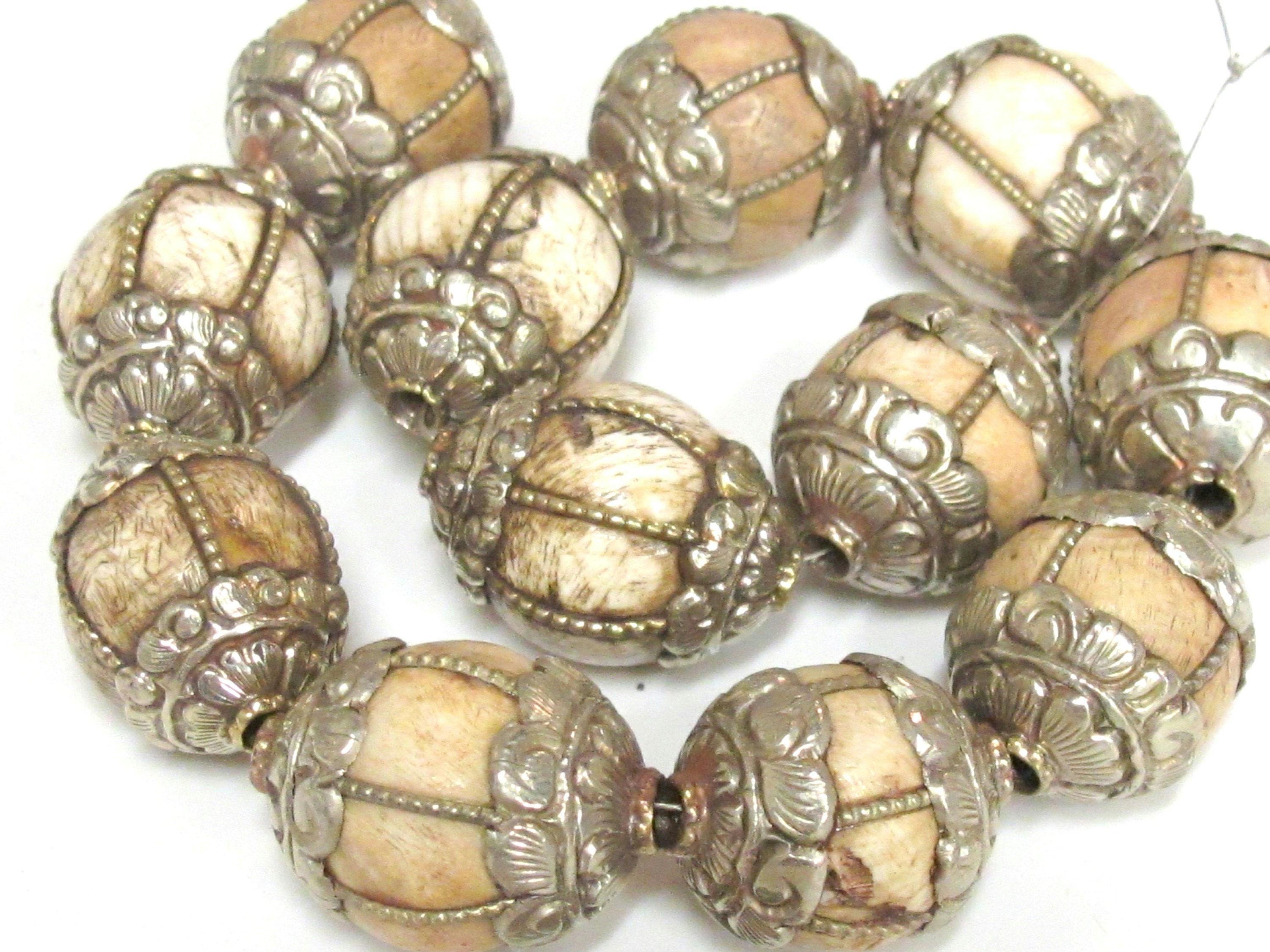 2 Beads - Tibetan floral capped grooved wire inlaid Tribal naga conch shell bead antiqued rustic finish - CH073