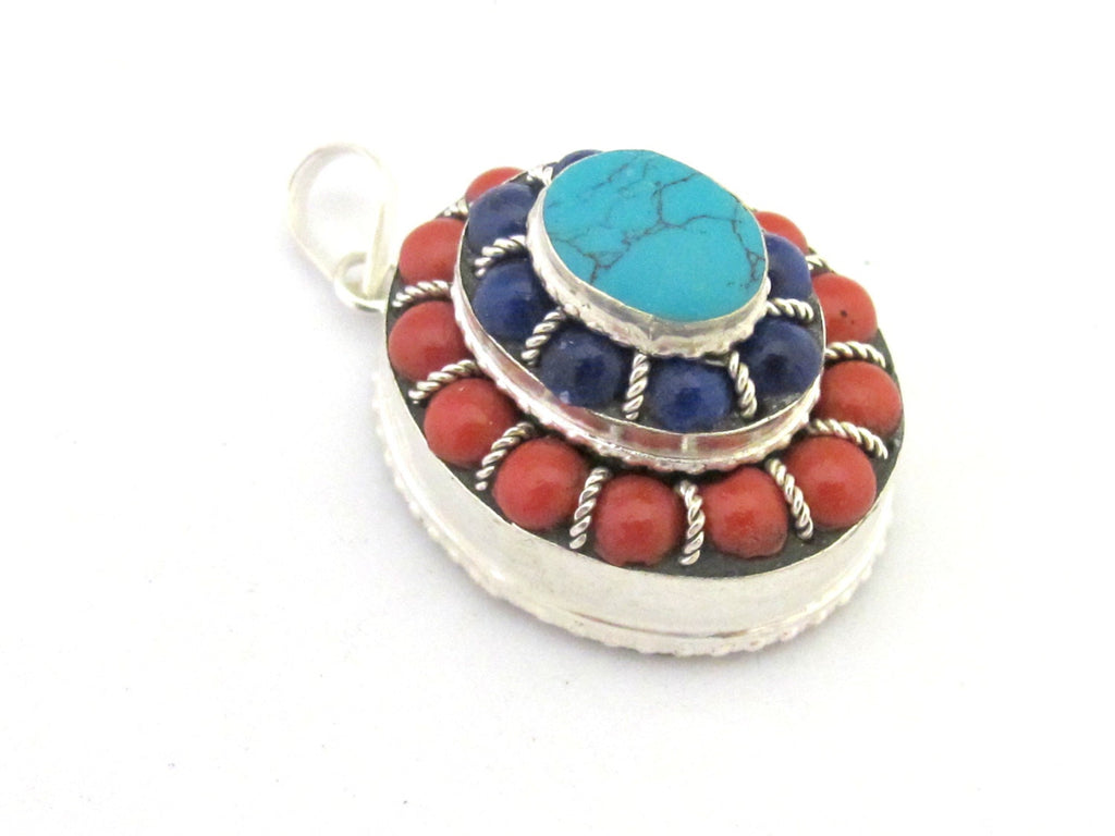 Tibetan silver oval shape tiered design box pendant with turquoise and red blue beads inlay - PM294D