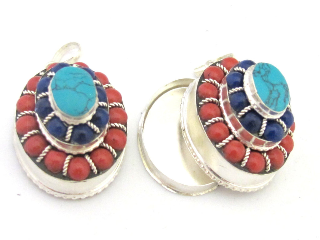 Tibetan silver oval shape tiered design box pendant with turquoise and red blue beads inlay - PM294D