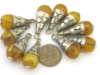 1 Pendant - Small Size Tibetan honey yellow resin drop pendant with silver floral bail design - PM298