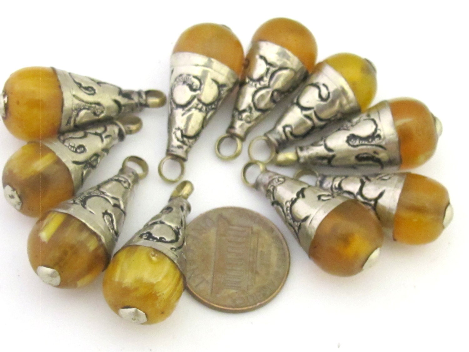 1 Pendant - Small Size Tibetan honey yellow resin drop pendant with silver floral bail design - PM298