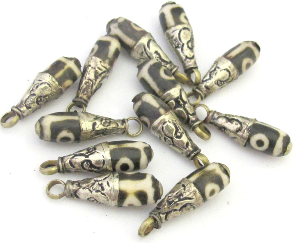 1 Pendant - Small Size Tibetan batik recycled cattle bone dzi design drop pendant with silver floral bail design - PM299
