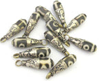 1 Pendant - Small Size Tibetan batik recycled cattle bone dzi design drop pendant with silver floral bail design - PM299