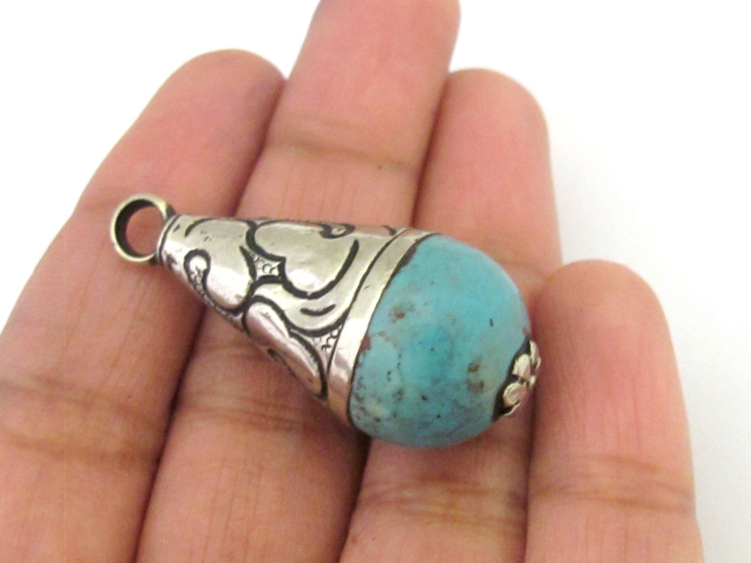 1 Pendant - Tibetan turquoise drop pendant nepal gemstone pendent medium size with silver color floral bail design PM302