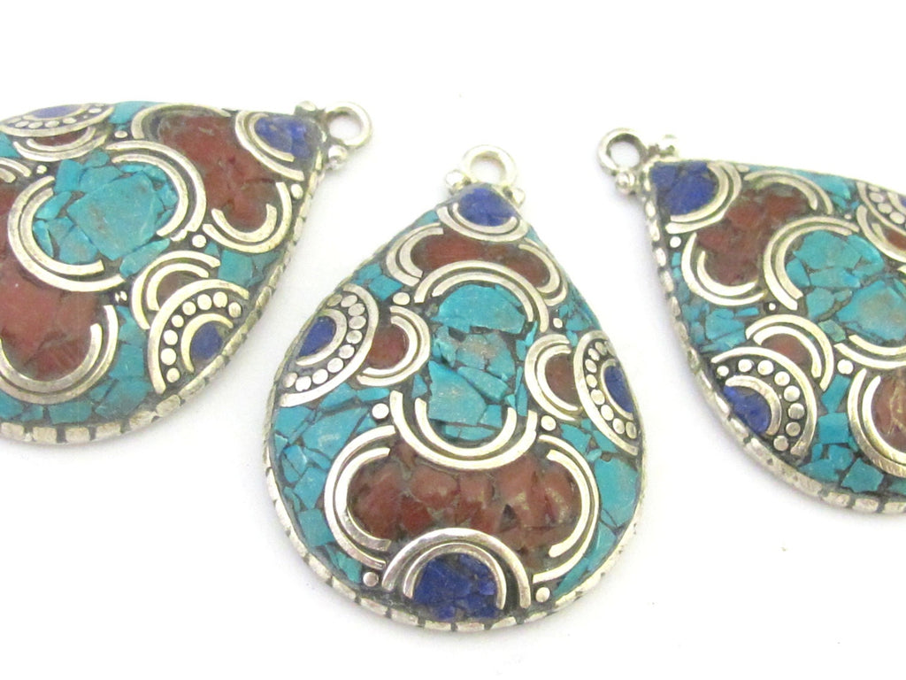 1 Pendant - Ethnic Tibetan silver teardrop shape pendant with turquoise lapis inlay - PM303