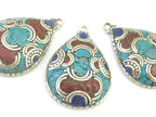 1 Pendant - Ethnic Tibetan silver teardrop shape pendant with turquoise lapis inlay - PM303