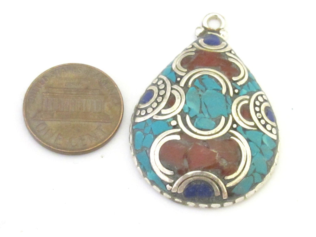 1 Pendant - Ethnic Tibetan silver teardrop shape pendant with turquoise lapis inlay - PM303