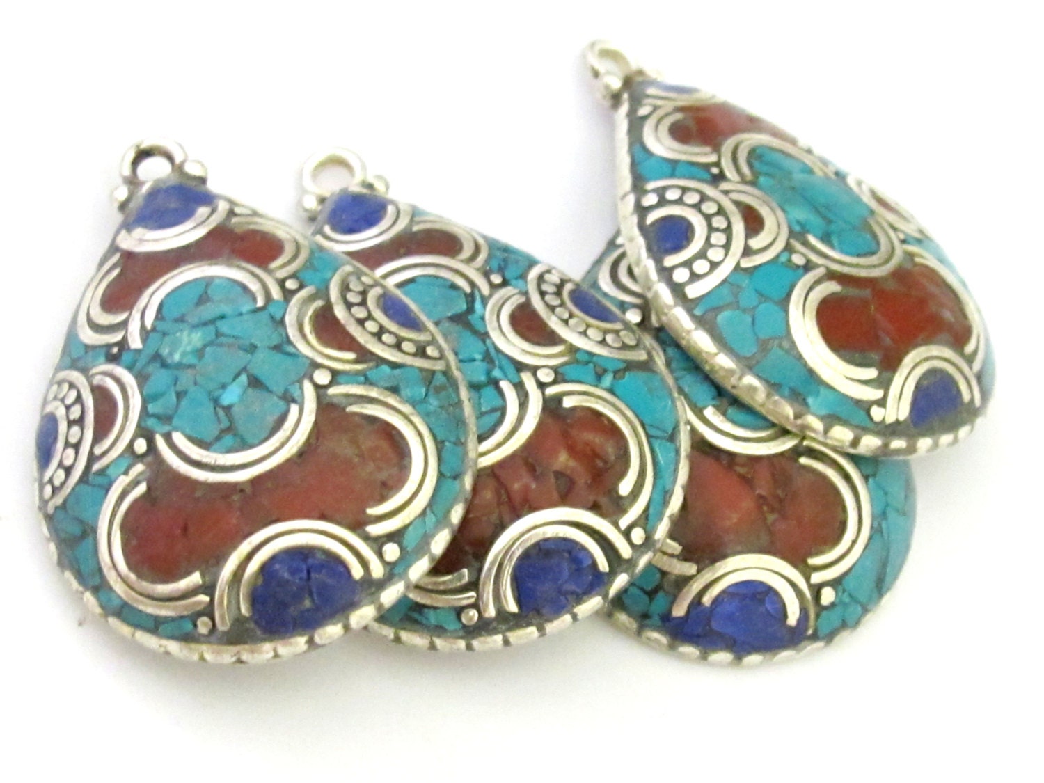 1 Pendant - Ethnic Tibetan silver teardrop shape pendant with turquoise lapis inlay - PM303