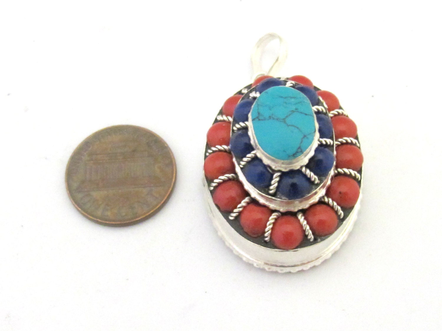 Tibetan silver oval shape tiered design box pendant with turquoise and red blue beads inlay - PM294D