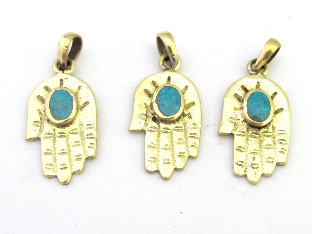 1 Pendant - Small size Tibetan Buddha hand pendant with turquoise inlay - PM295