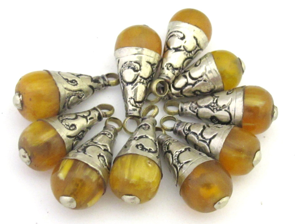 1 Pendant - Small Size Tibetan honey yellow resin drop pendant with silver floral bail design - PM298