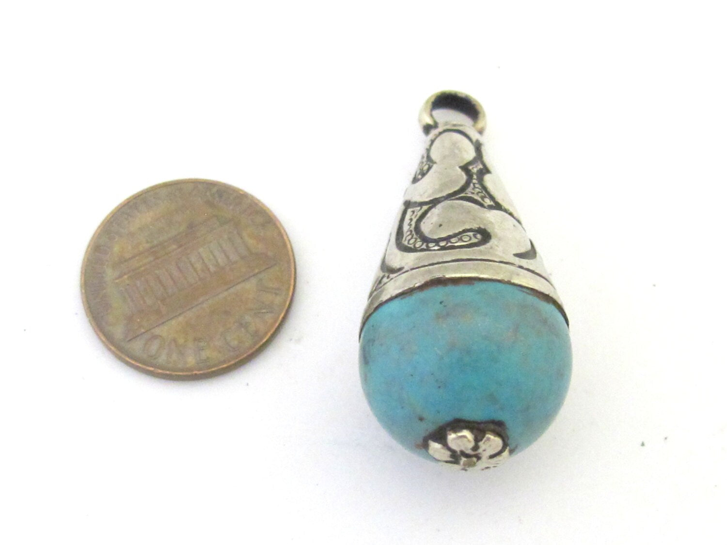 1 Pendant - Tibetan turquoise drop pendant nepal gemstone pendent medium size with silver color floral bail design PM302