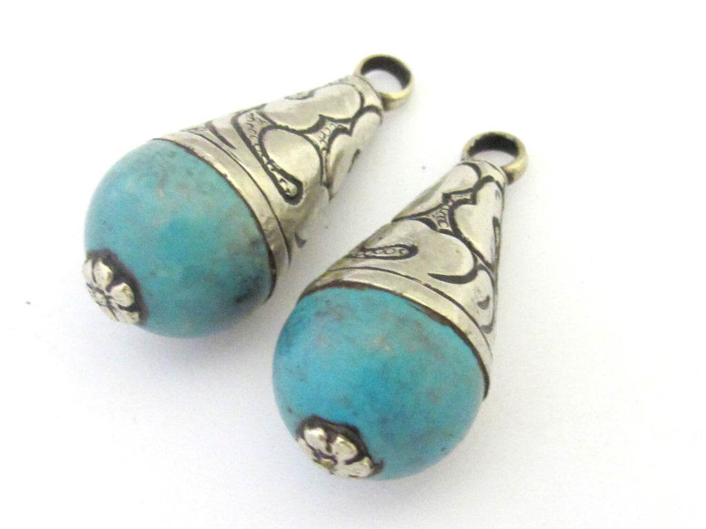 1 Pendant - Tibetan turquoise drop pendant nepal gemstone pendent medium size with silver color floral bail design PM302