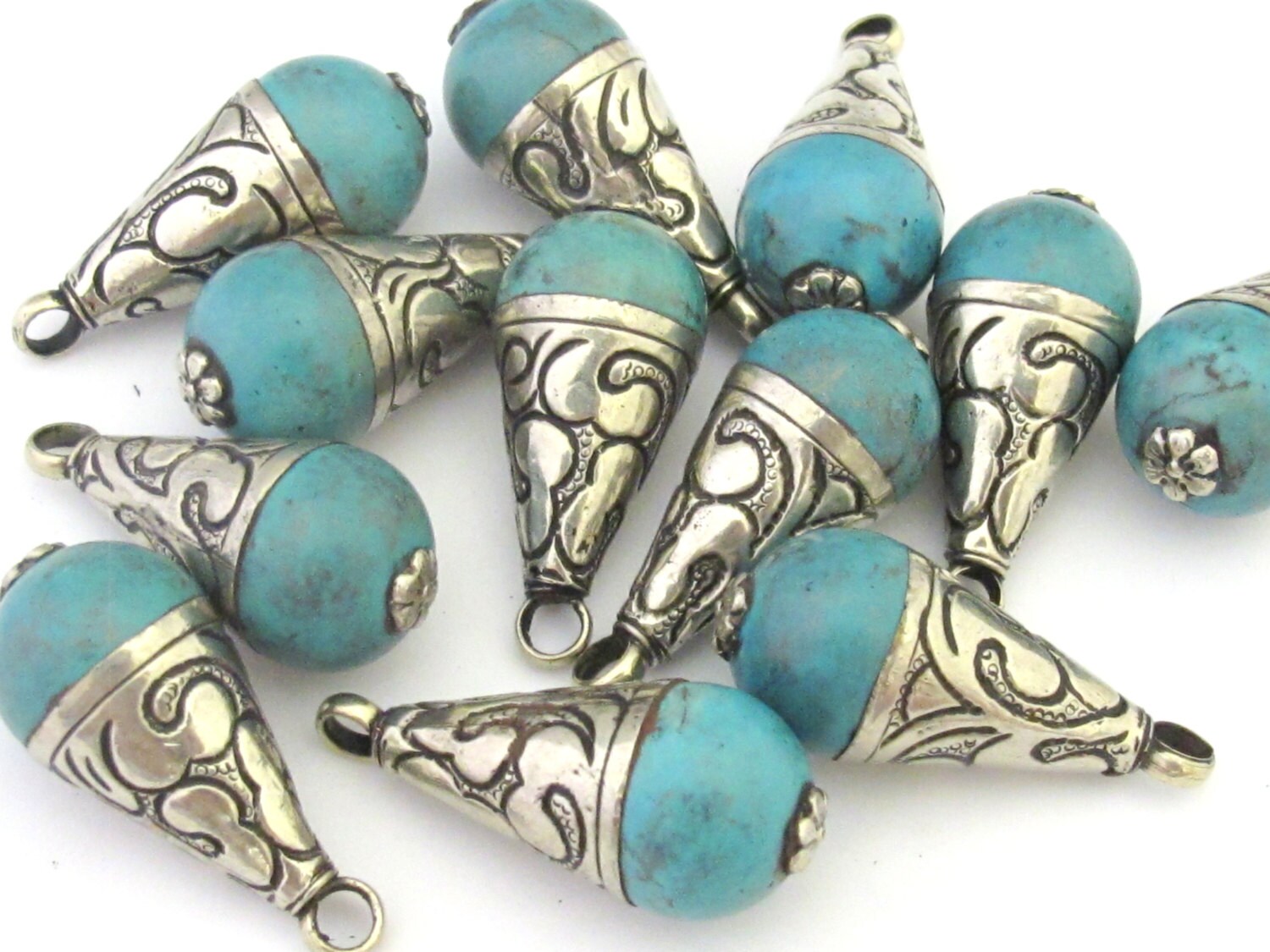 1 Pendant - Tibetan turquoise drop pendant nepal gemstone pendent medium size with silver color floral bail design PM302