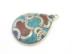 1 Pendant - Ethnic Tibetan silver teardrop shape pendant with turquoise lapis inlay - PM303