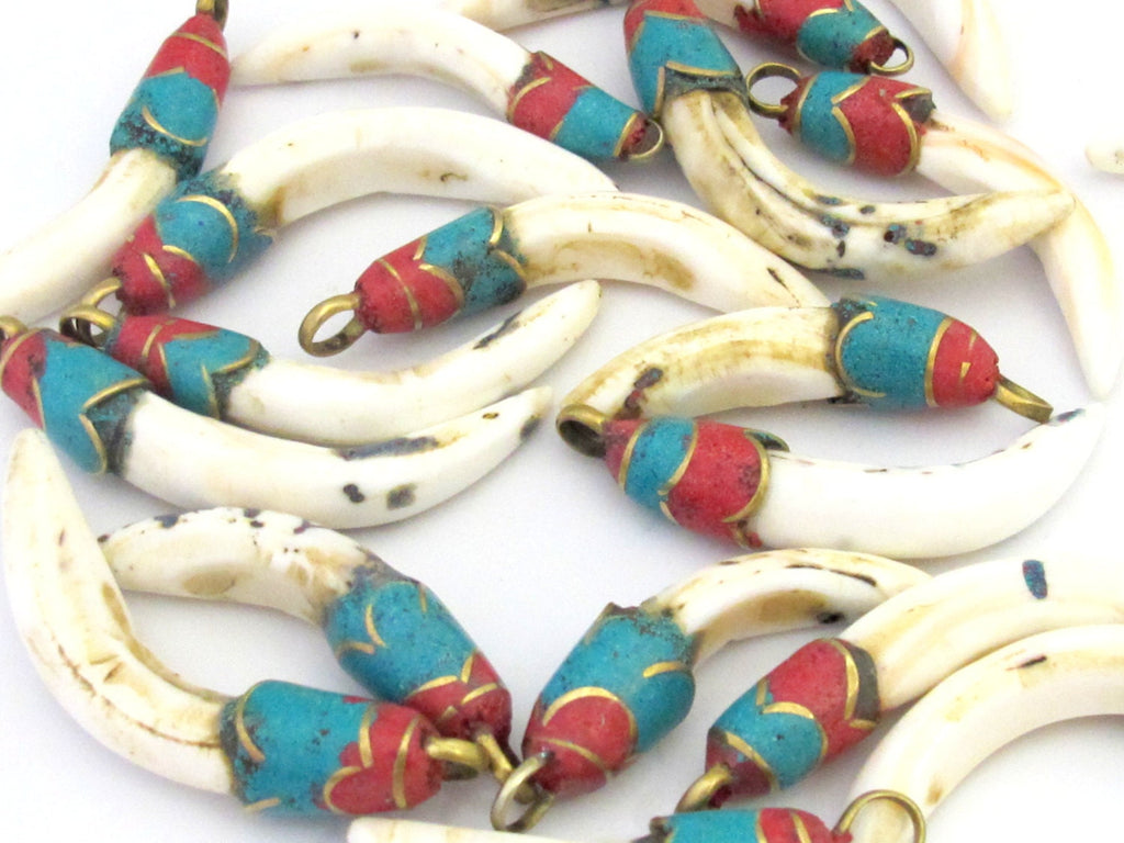 1 Pendant - Tibetan Naga conch shell pendant with turquoise lapis inlay shape - PM304