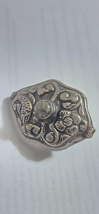 1 Bead - Reversible Large kite hex shape Tibetan antiqued silver finish fish flower symbol Bead labradorite inlay on both sides - BD669A
