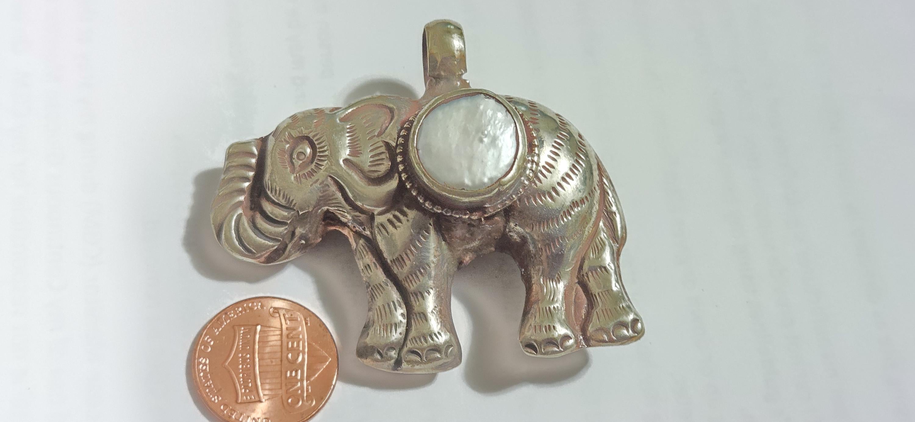Elephant Pendant with white Pearl Inlay | Repousse Design | Large animal Nepal Pendant for Jewelry Making PM438T1