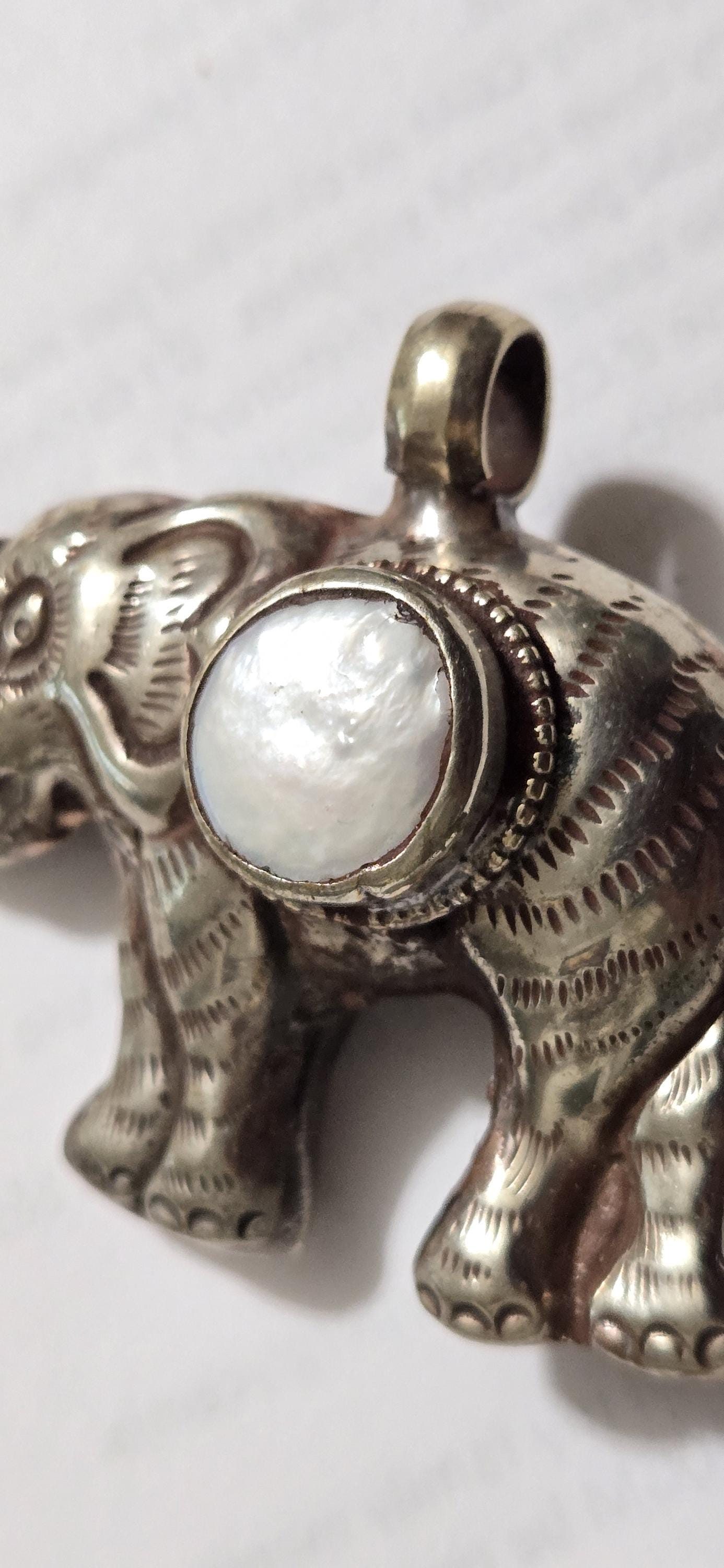 Elephant Pendant with white Pearl Inlay | Repousse Design | Large animal Nepal Pendant for Jewelry Making PM438T1